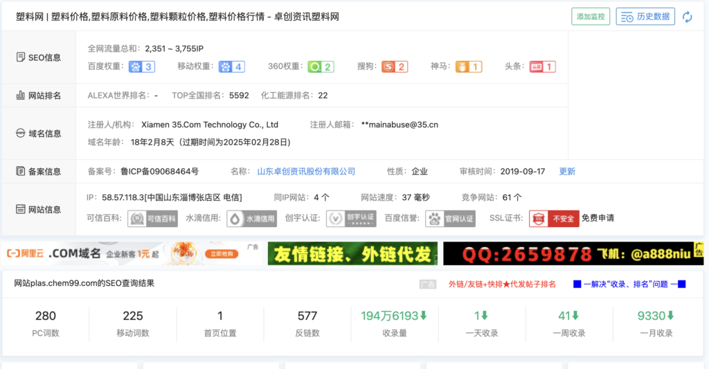 卓创资讯塑料网网站优化赏析